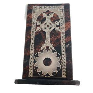 Celtic Cross Silver Print on Glass 6" Stand Mahogany Obsidian ? Alter Safe Space